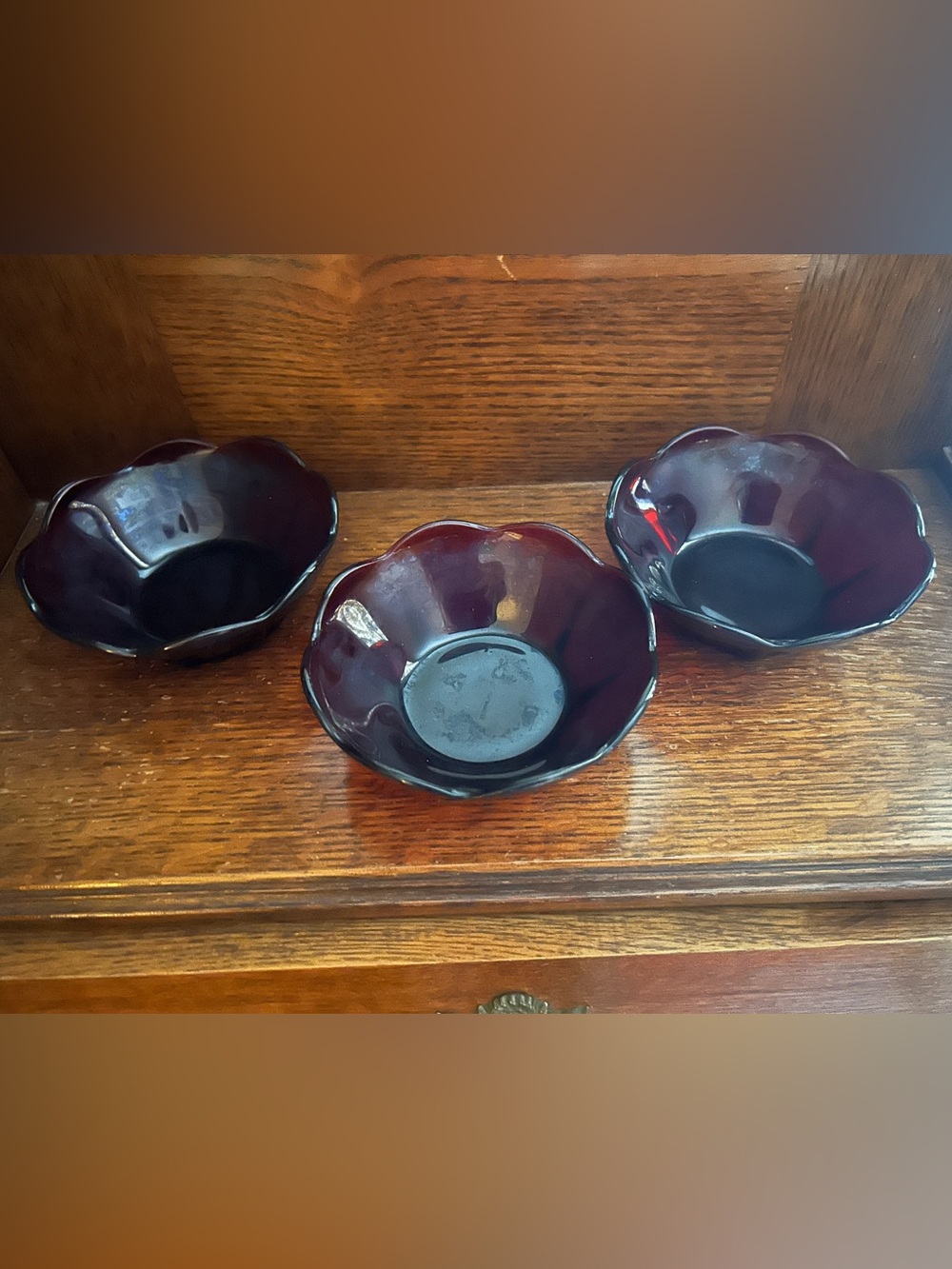 Set of 3 Anchor Hocking Ruby Red Glass Scalloped Bowl